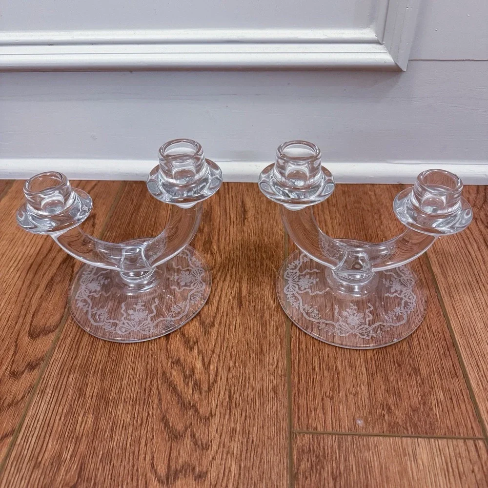 Vintage Fostoria Etched Romance Double Candle Holder‎ 5.25